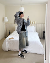 No.0769 washing wide 7 denim SHORTS