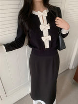 Quiet Bow Ribbon Trim Contrast Knit Long Sleeve Top
