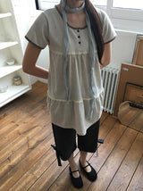 Hanami Lace U-neck Button Short Sleeve Tee