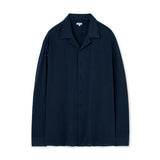 Loose Fit Open Collar Linen Shirt [Navy]