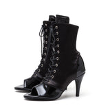 Satin Enamel Lace-Up Open Toe Heel(Black)