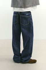 ルーズストレートバイカーデニムパンツ (Washed Navy)