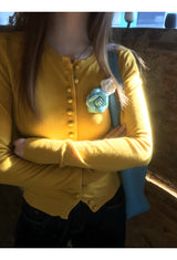 Flower Broach Yellow Round Cardigan
