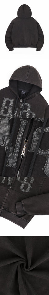 Washed Leather Patch Hooded Zip-Up - Black