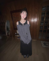 (2color) Eyelet Two-Tone Layered Flare Long Skirt