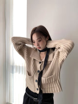 Raffel collar pocket ribbed cardigan