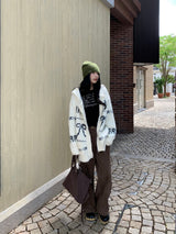Bow Wide Hooded Knitwear Zip-Up Cardigan