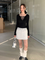 Black Strap Point Long-Sleeved Slim T-Shirt