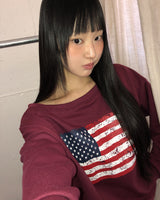 Murhit American Flag Printed One-Off Shoulder Long Sleeve Sweatshirt