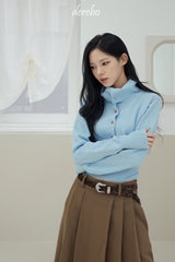 Sky blue high-neck button long-sleeved knitwear