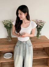 SL エンボス バック スリット ストラップ クロップ ショートスリーブ Tシャツ (3color)