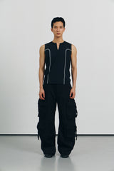 Curved half zip up sleeveless(Black)