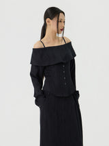 Scratch Cape Off-Shoulder Belted Shirt, Black