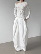 Boxy Pleated Cotton Balloon Long Skirt