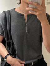 LMN zipper Henley neck V-neck short-sleeved knitwear (4 colors)