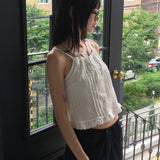 ヒウピンタックフリルレースリボンストラップノースリーブブラウス