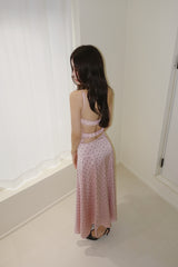pink silk dot backless skirt two-piece