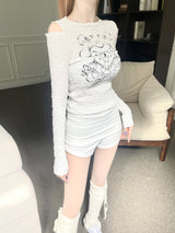  Heart printing shoulder cut-out T (2color)