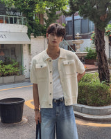 Leviron Two-Pocket Cut-out Collar Short-Sleeve Cardigan