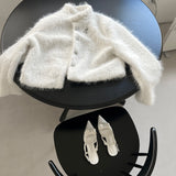 Classic Metal Wave Double Button High Neck Fur Coat (White)