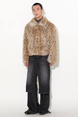 Short fur coat with animal print lapels and a standing collar