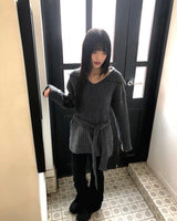 Riha Open-Collar Waist-Tie Two-Way V-Neck Knit