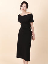 オフショルダースリットロングワンピース Black