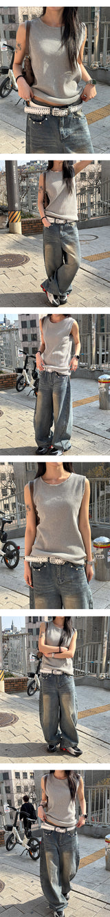 [Unisex] Back leather pocket wide pants