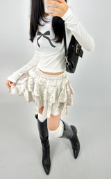 BASIC BOW-DETAIL SEMI-CROPPED STRETCH ROUND U-NECK LONG-SLEEVE TEE
