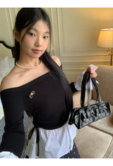 シューズレイヤードシャツオフショルダーロングスリーブTシャツ
