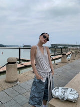 オートミール ルーズ ホルターネック ストラップ ノースリーブ Tシャツ
