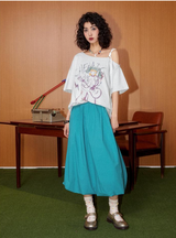 ハンドペインティドパターンプリンティドオフザショルダー半袖Tシャツ