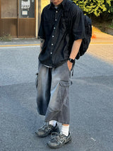 Salt washing cargo bermuda denim pants 3C