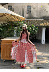 Red cherry checkered lace sleeveless long dress