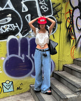 Light blue polka dots and wide pants