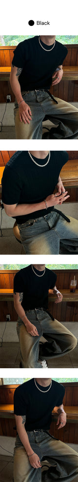 [BASIC ITEM] Cable round neck half knit(4color)