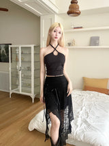 1370. Lace slit ribbon long sk (2color)