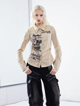 Emoha original design OD hot girl トランペットスリーブ レタープリント ウエスト パンクプリント ロックレトロシャツ