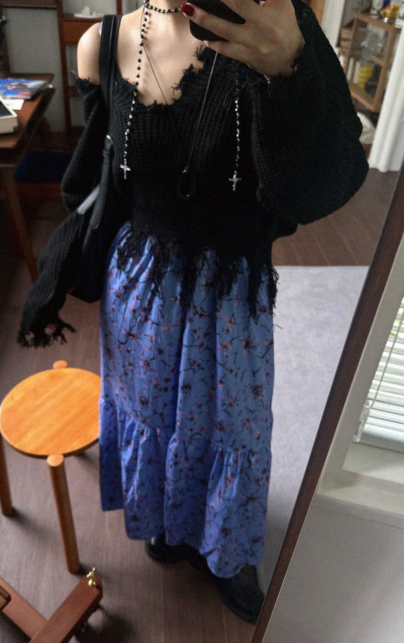 フリンジVネックニットトップ (BLACK)