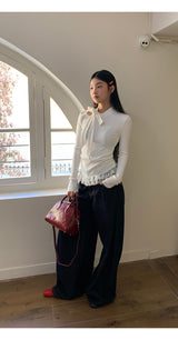 half turtleneck strap lace frill long-sleeve t-shirt