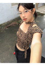 スカーフレオパードスクエアネック半袖Tシャツ