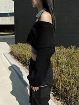 Halter collar sleeveless & long sleeve cropped knit two-piece set (2 colors)