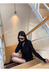 Black Chic Shimmering Halterneck Long-Sleeved T-Shirt