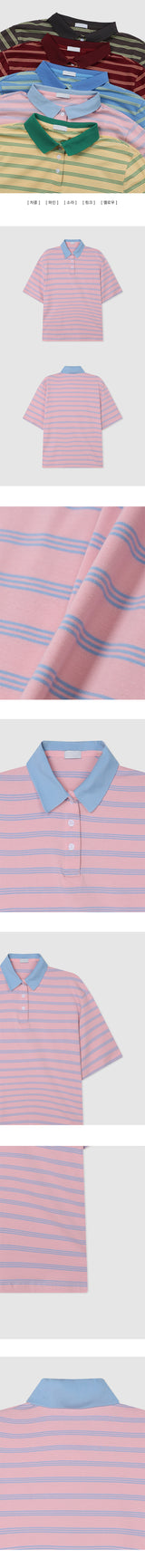 Melba Color Stripe Dangara Collar Short Sleeve Tee