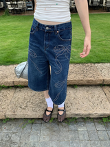 リボンビーズダークブルーワイドバミューダデニムパンツ