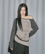 Cross Ornament Off Shoulder Raglan Long Sleeve - LIGHT BEIGE