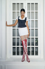 Thigh High Shoelace Point Boots Heel(Red)