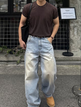 ティーンダイイングバックポケットバルーンデニムパンツ