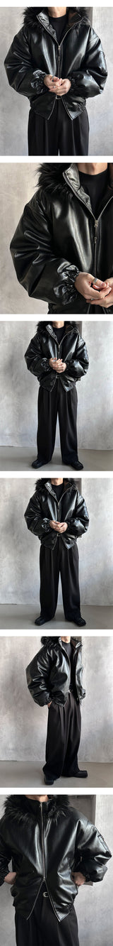[F/W] Leather raccoon fur hood jumper
