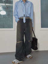 Cross Damage Banding Denim Pants